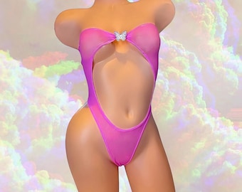 Rhinestone Butterfly Strapless Cutout Stripper Bodysuit | Pink Mesh | Thong One Piece | Exotic Dancewear | GrlFriday Shop