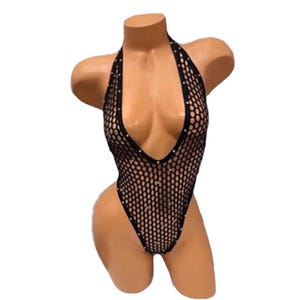 Black large diamond fishnet strappy thong bodysuit with rhinestone trim - exotic dancewear