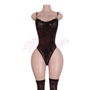Black Rhinestoned Cami Sheer Fishnet Bodysuit with Matching Thigh High Stockings - 3 Piece Set - EXOTIC DANCEWEAR