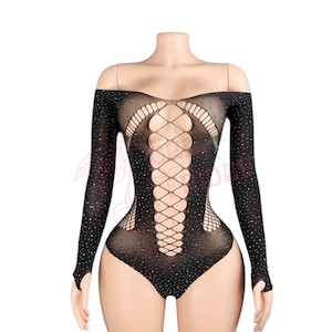 Black Rhinestoned Fishnet Bodysuit with Cutouts - EXOTIC DANCEWEAR