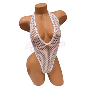 Vintage High Cut One Piece - White Large Diamond Fishnet - Rhinestone Trim - EXOTIC DANCEWEAR