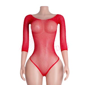 Cherry Red Rhinestoned Fishnet Bodysuit - EXOTIC DANCEWEAR