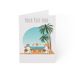 Gepersonaliseerde Halloween Ghost Island vakantie strand wenskaart, aanpasbare outdoor avontuur kaart, Halloween brief, single of bulk