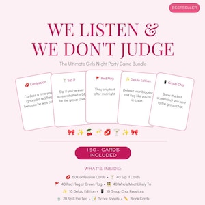以下が含まれることがあります： 「WE LISTEN & WE DON'T JUDGE」というタイトルのパーティーゲームセット。Confession、Sip If、Red Flag、Delulu Edition、Group Chatなどのカテゴリーを含む150枚以上のカードで構成されています。セットには、Confessionカード60枚、Sip Ifカード40枚、Red Flagカード40枚、Who's Most Likely Toカード40枚、Deluluカード10枚、Group Chatカード10枚、Spill the Teaカード20枚、スコアシート、白紙カードが含まれています。