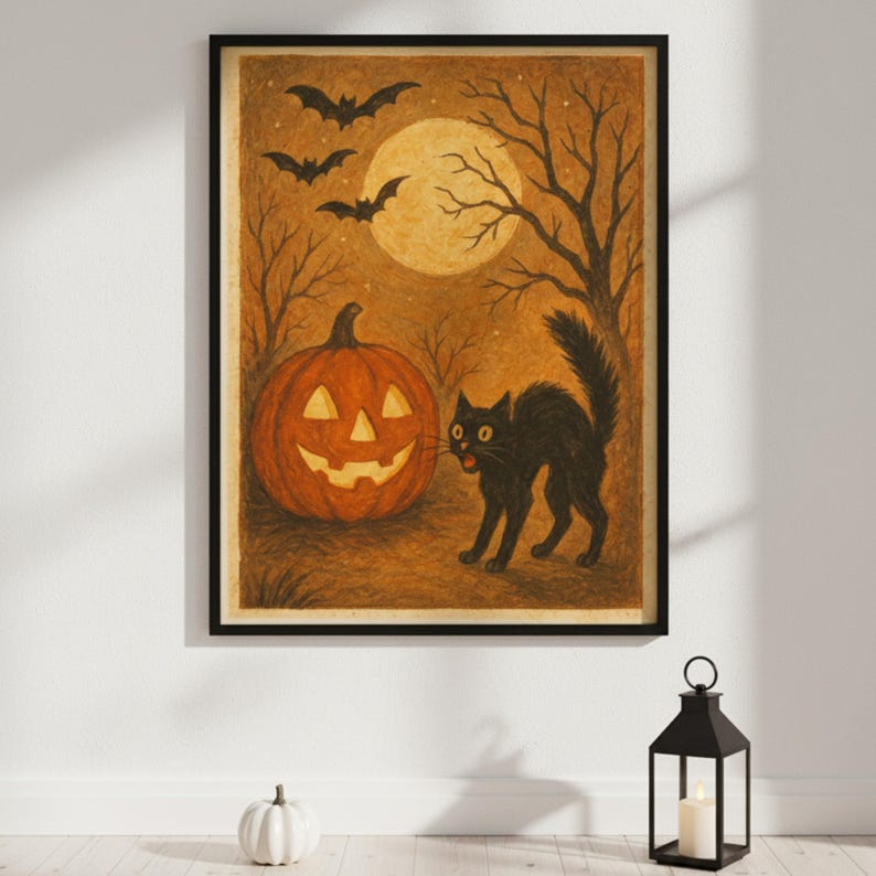 Vintage Halloween Wall Art | Black Cat & Pumpkin Retro Print | Spooky ...