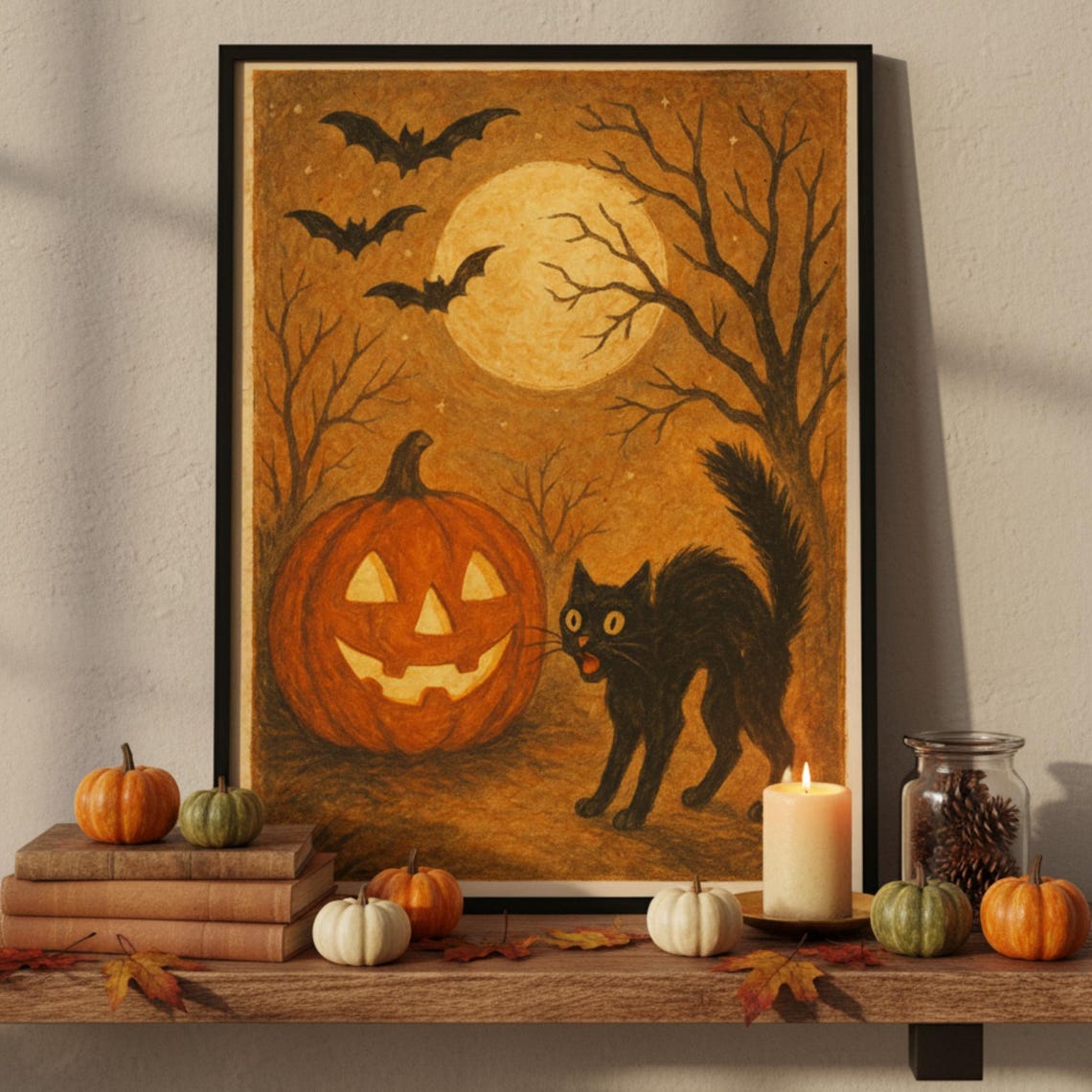 Vintage Halloween Wall Art | Black Cat & Pumpkin Retro Print | Spooky ...
