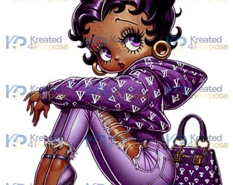 May include: A cartoon illustration of a woman with dark skin, purple hair, and large eyes. She is wearing a purple hoodie with a white logo, ripped purple jeans, and purple high heels. She is sitting with her legs crossed and holding a purple handbag with a white logo.