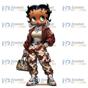 May include: Cartoon illustration of a stylish woman with dark skin, wearing a red jacket, camo pants, and sneakers. She is holding a handbag and wearing jewelry. The image includes the text "Kreated 4 Purpose".