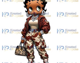 May include: Cartoon illustration of a stylish woman with dark skin, wearing a red jacket, camo pants, and sneakers. She is holding a handbag and wearing jewelry. The image includes the text "Kreated 4 Purpose".