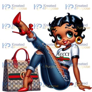 May include: Cartoon illustration of a woman in a white crop top with "GUCCI" printed on it, ripped blue jeans, and red high heels. A matching handbag with the Gucci logo is next to her. She is wearing gold hoop earrings and bracelets.