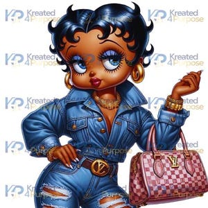 May include: A cartoon illustration of a woman with dark skin wearing a blue denim jacket, jeans, and a gold necklace. She is carrying a pink and white checkered handbag with a gold buckle.