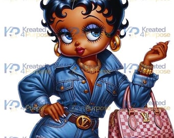 May include: A cartoon illustration of a woman with dark skin wearing a blue denim jacket, jeans, and a gold necklace. She is carrying a pink and white checkered handbag with a gold buckle.
