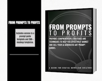 May include: A book titled "FROM PROMPTS TO PROFITS" with white text on a dark background. The book cover includes the text "PROVIDES COMPREHENSIVE STRATEGIES AND TECHNIQUES TO HELP YOU EFFECTIVELY MARKET AND SELL YOUR AI-GENERATED ART PROMPT GUIDES."