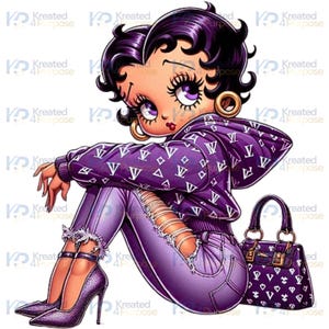 May include: A cartoon illustration of a woman in purple attire, including a hoodie, ripped jeans, and high heels. She is seated with a matching handbag. The hoodie and handbag feature a repeating white pattern. The woman has dark hair and large eyes.