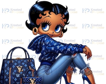 May include: Cartoon illustration of a woman in a blue hoodie and jeans, with matching blue high heels. Two handbags and a small purse are next to her. The bags and hoodie have a repeating pattern. Gold jewelry accents the look.