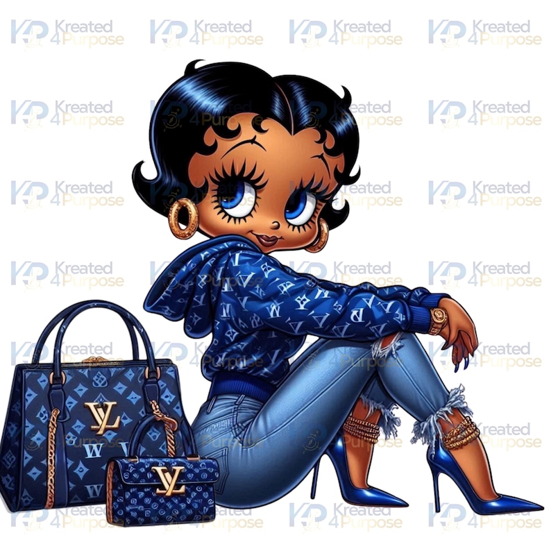 May include: Cartoon illustration of a woman in a blue hoodie and jeans, with matching blue high heels. Two handbags and a small purse are next to her. The bags and hoodie have a repeating pattern. Gold jewelry accents the look.