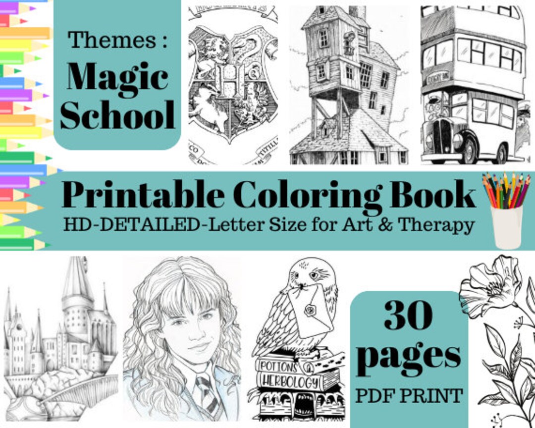 30 Pages Printable Coloring Book Collection for Magic School of Wizard ...