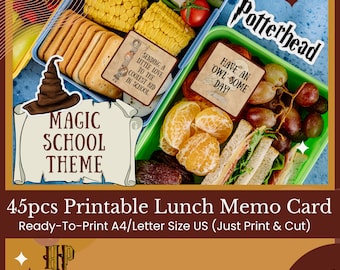 45pcs Printable Lunch Card Memo for Kids Magic School Digital Download HD PDF A4 / Letter Size US