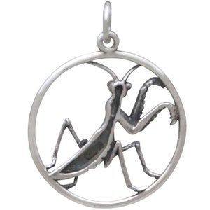 Puede incluir: Un amuleto de plata con forma de mantis religiosa, la mantis est&aacute; recortada en el c&iacute;rculo, creando un efecto de silueta.