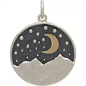 Sterling Silber Berg Anhänger mit Bronze Mond, Natur Reise inspiriert Charme Schmuckzubehör, gemischte Metall Berg und Mond, Stern Blick