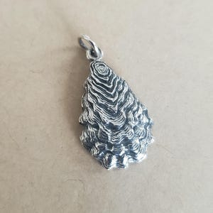Puede incluir: Un colgante de plata en forma de concha de ostra con una superficie texturizada detallada. El colgante está diseñado para parecerse a una concha de ostra real.