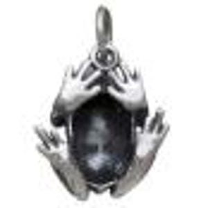 May include: A silver-toned pendant in the shape of a frog, with hands raised to its face. The frog's body is a dark, oval-shaped stone. The pendant has a loop at the top for a chain.
