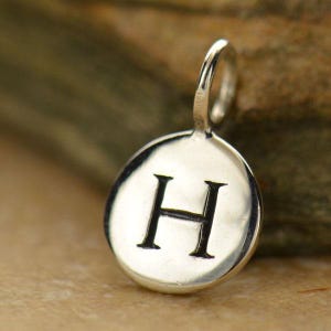 以下が含まれることがあります： 黒い文字「H」が刻まれたシルバーペンダント。ペンダントは丸く、チェーンを通すためのループが付いています。背景はぼやけたニュートラルカラーです。