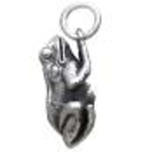 May include: A silver-colored pendant in the shape of a stylized figure, possibly a deity or mythical being. The pendant has intricate details and is suspended from a small ring. The figure is depicted in a seated or kneeling position.
