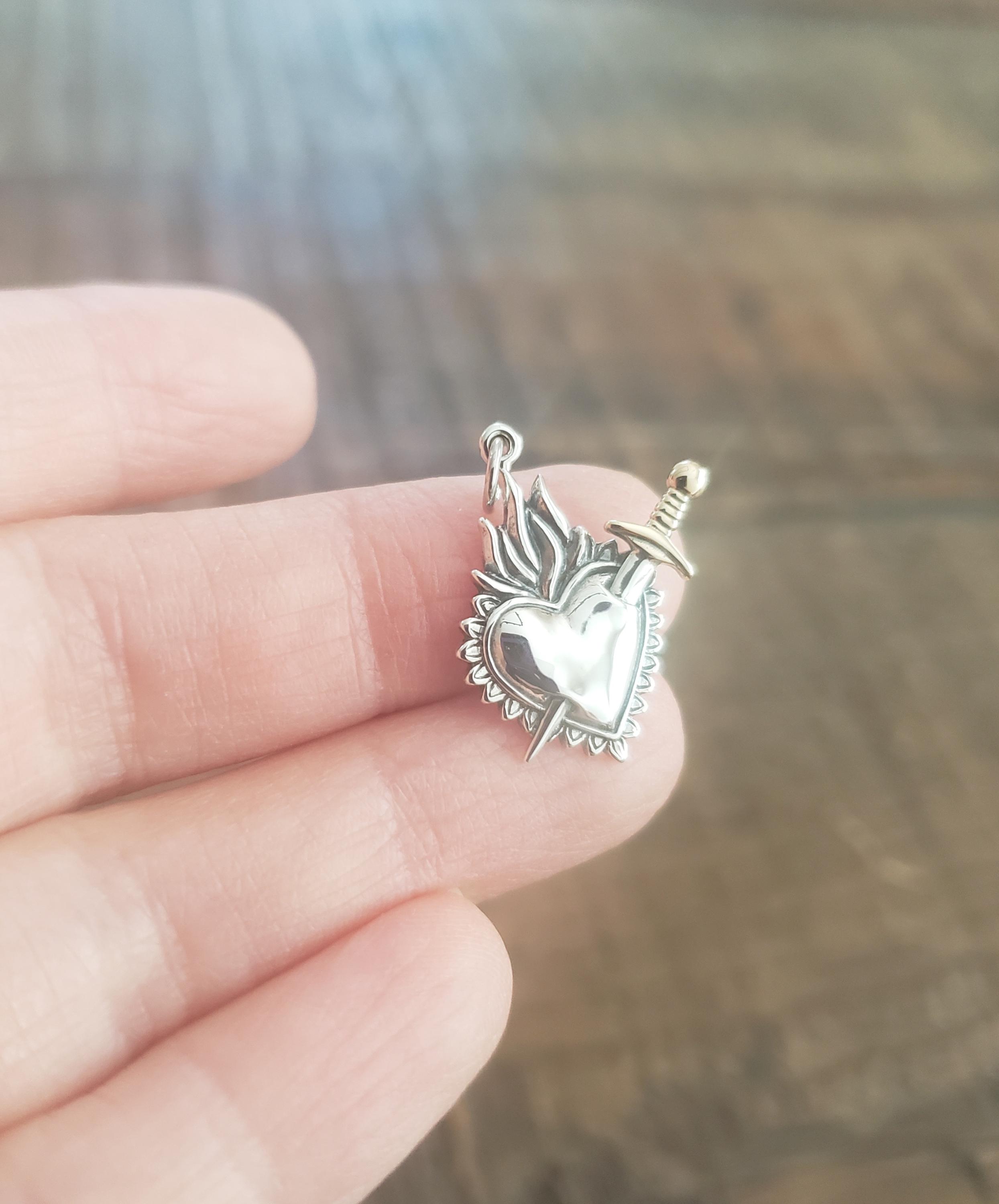 Medival World Pendant Mixed Metal Flaming Heart With Sword - Etsy