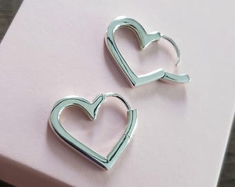 sterling silver heart huggie hoop earrings, heart shaped hoops