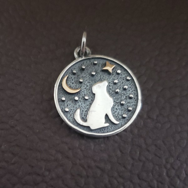 sterling silver gazing dog charm with bronze star and moon engravable animal jewelry pet owner, guardian dog