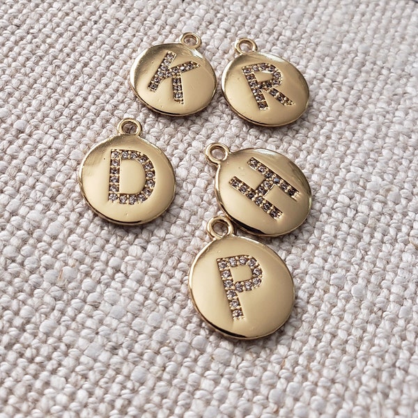 Cubic zirconia initial disc, gold rhinestone letter charm, personalized jewelry supply