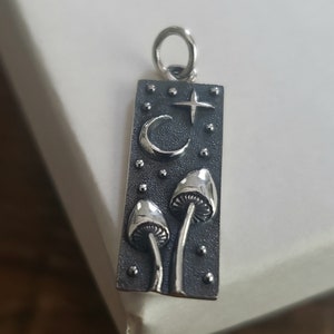 May include: A silver charm pendant featuring a crescent moon, a star, and two mushrooms on a textured background.