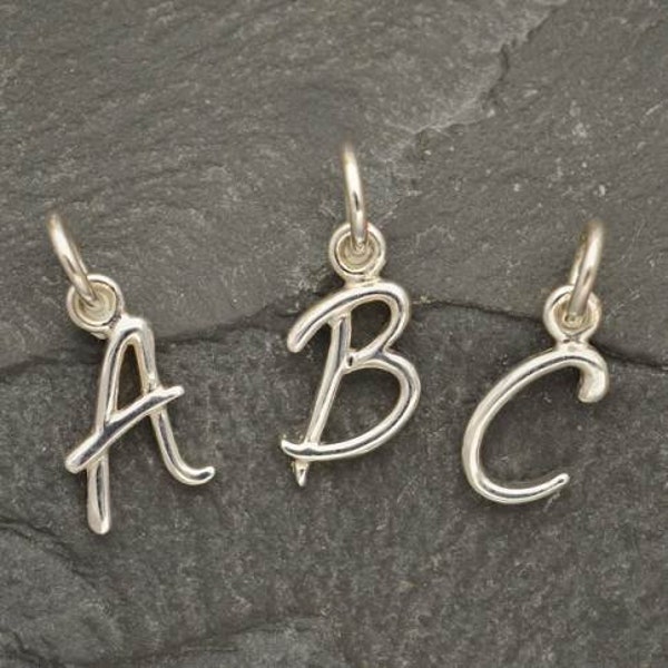 sterling silver script letter charms  personlized initial jewelry supply, dainty cursive style letter font dangle
