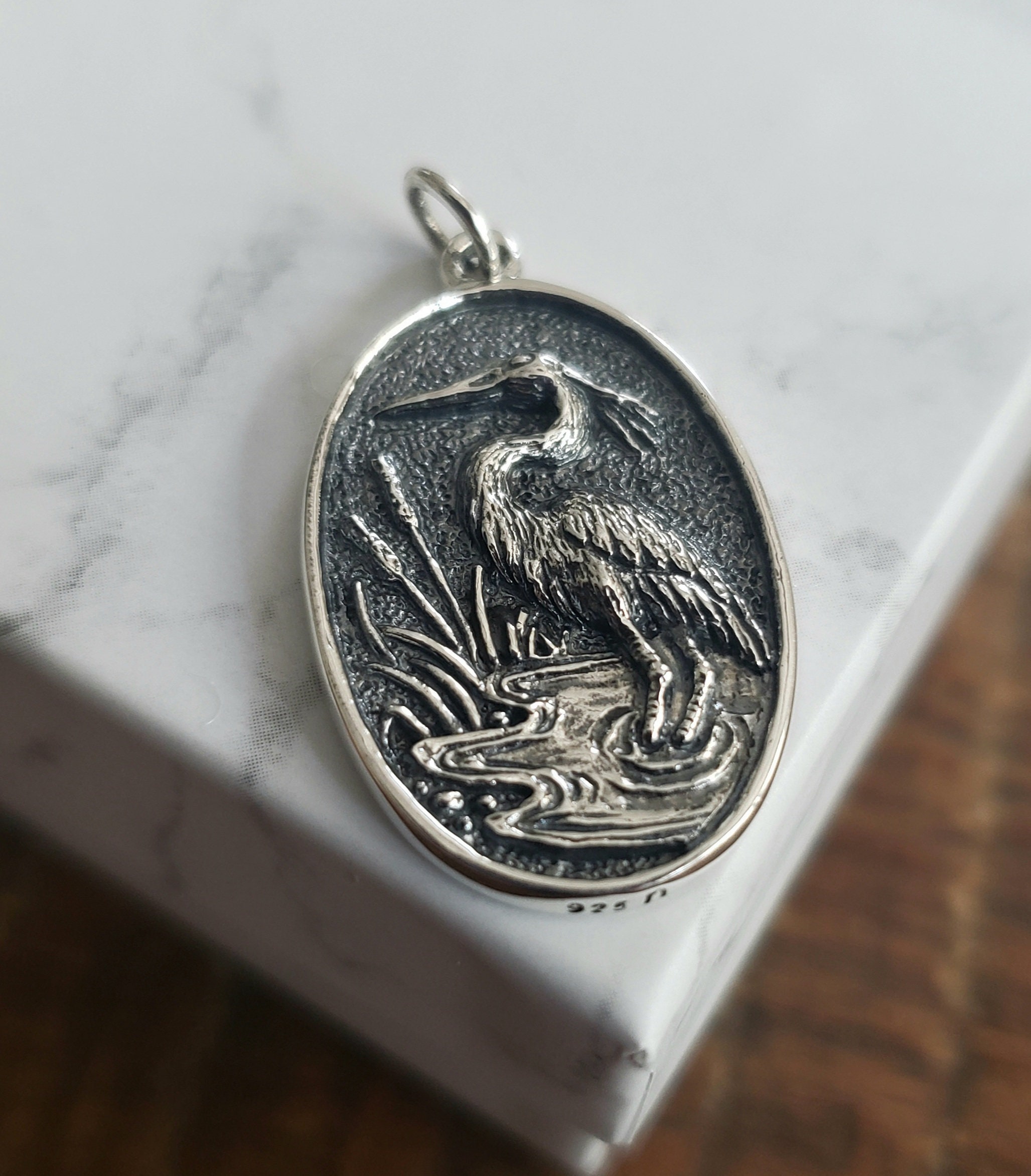 Sterling Silver Heron in Pond Frame Charm Pendant Engraving Custom