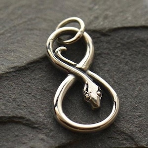 Puede incluir: Un colgante de metal plateado con forma de serpiente enroscada en un símbolo de infinito. La cabeza de la serpiente está situada en el centro del bucle y tiene una pequeña anilla circular en la parte superior para colgarla de una cadena.