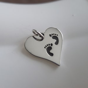 Sterling Silver Heart with Footprints, Stamping Blank, Engraving available personalized pendant, baby childrens charm, mom mommy keepsake