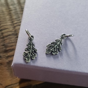 May include: Two small, silver-colored oak leaf charms. Each charm has detailed leaf veins and a small loop at the top for attaching to a chain or bracelet. The charms are displayed on a light purple surface.