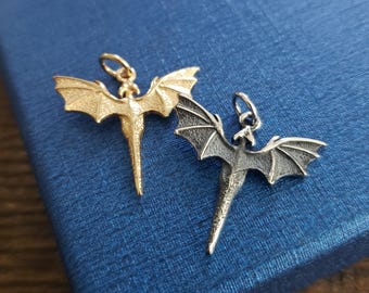 Small detailed flying Dragon Charm sterling silver spirit animal dragon in flight fantasy legend
