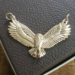 May include: A gold-toned owl pendant with outstretched wings. The owl is detailed with feathers and has a realistic appearance.