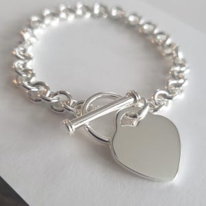 Sterling Silver 7mm cable chain Bracelet With Heart tag toggle clasp medium chunky bracelet custom name message engraving engraved