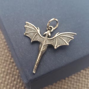 May include: A silver dragon charm with wings outstretched. The charm has a loop at the top for attaching to a necklace or bracelet.