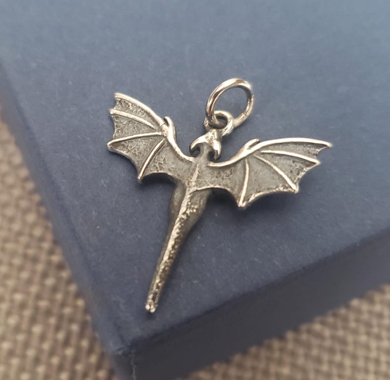 May include: A silver dragon charm with wings outstretched. The charm has a loop at the top for attaching to a necklace or bracelet.