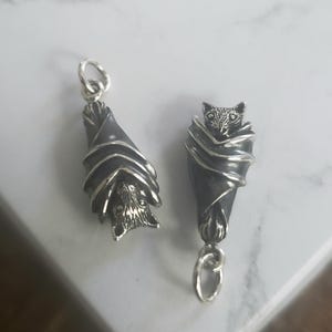 Sterling Silver Hanging Bat Charm with her wings wrapped around. gothic, scary, spooky pendant, animal