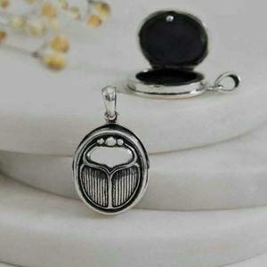 Sterling silver scarab beetle locket charm talisman ancient art deco Egyptian pendant add picture  keepsake pendant