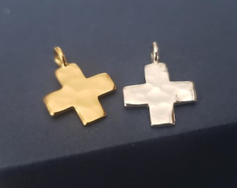 Small tiny Hammered finish sterling silver or gold cross charm pendant mini cross
