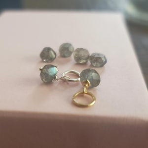 May include: A silver charm with a gold ring attached, and six faceted iridescent gray gemstone beads.