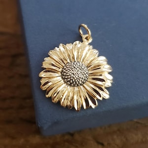 bronze daisy pendant with sterling silver center, celebration wedding April birth flower pendant, botanical, nature floral