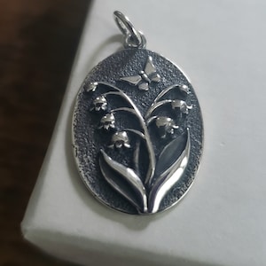 Sterling silver oval lily of the valley charm, celebration wedding May birth flower pendant