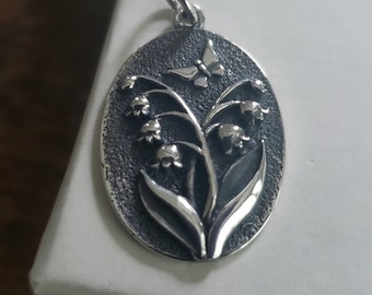 Sterling silver oval lily of the valley charm, celebration wedding May birth flower pendant